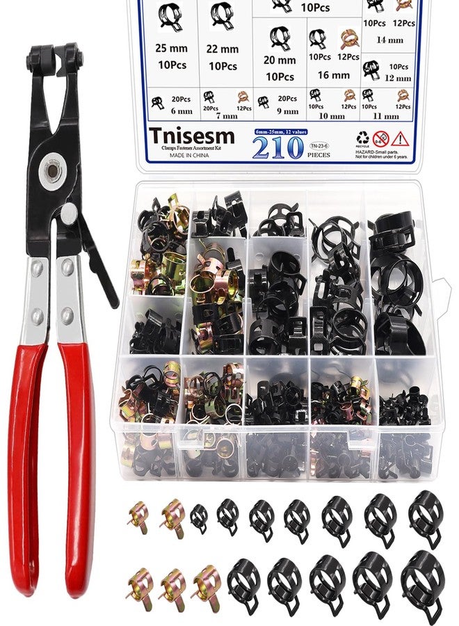 Tnisesm 210Pcs 6-25mm Spring Band Hose Clamps Assortment kits with Swivel Flat Hose Clamp Plier, Spring Band Type Fuel Line Silicone Vacuum Hose Steel Clamp,Low Pressure Air Clip Clamp - Image 1